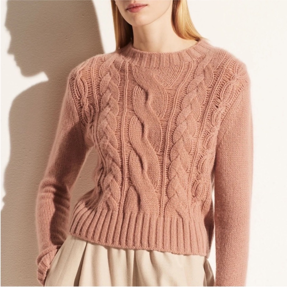 Vince 100% Cashmere Shrunken Cable Knit Pullover Sweater Blush Pink Small